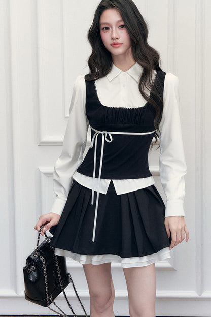 Retro Bow Layered-Look Top and Black Short Skirt Set-Up