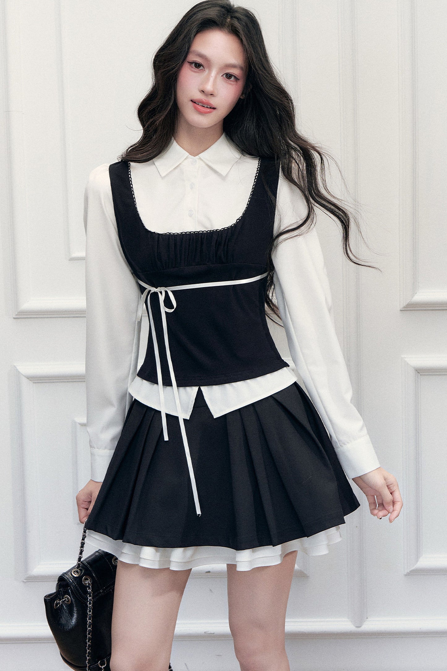 Retro Bow Layered-Look Top and Black Short Skirt Set-Up