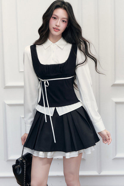 Retro Bow Layered-Look Top and Black Short Skirt Set-Up