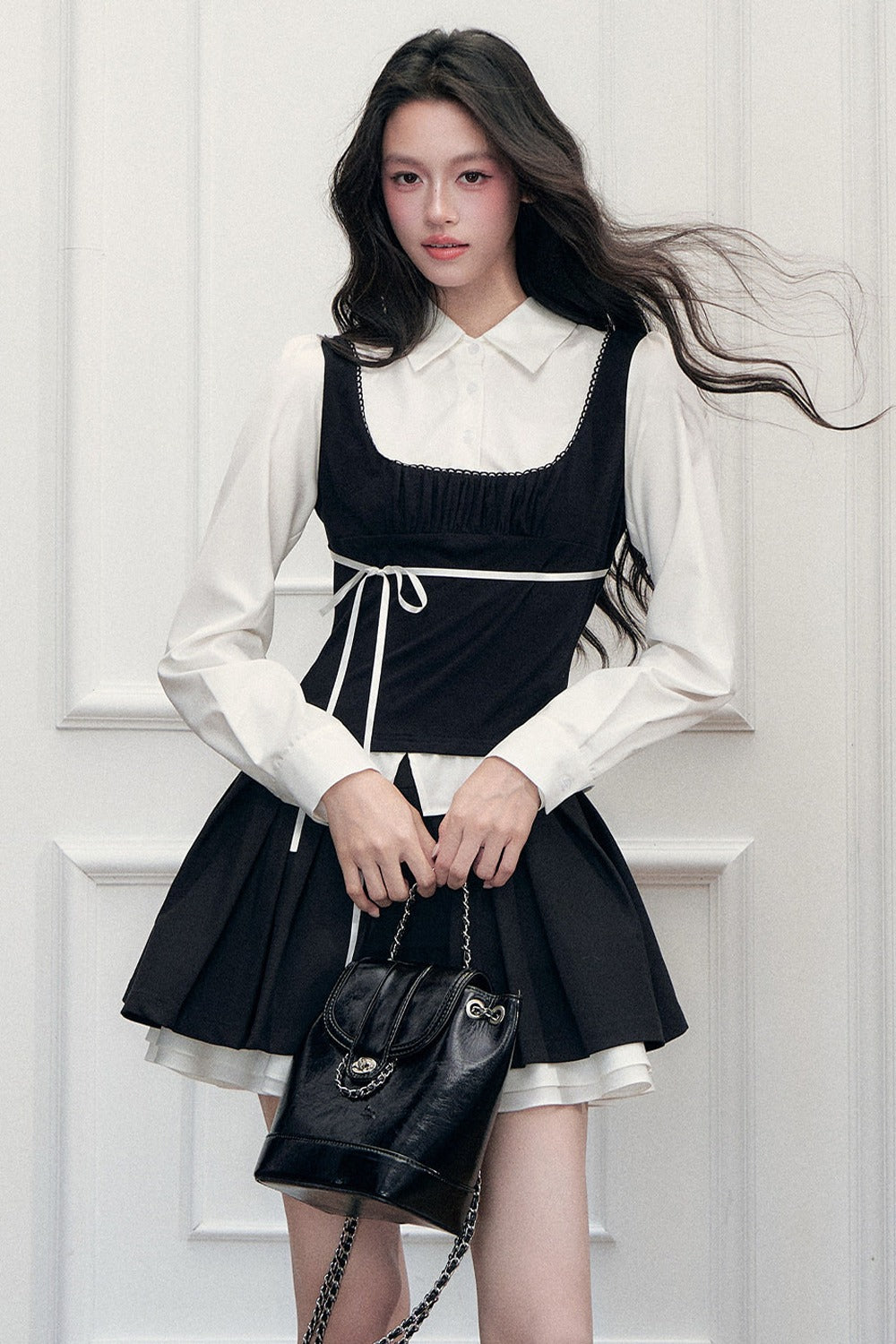 Retro Bow Layered-Look Top and Black Short Skirt Set-Up