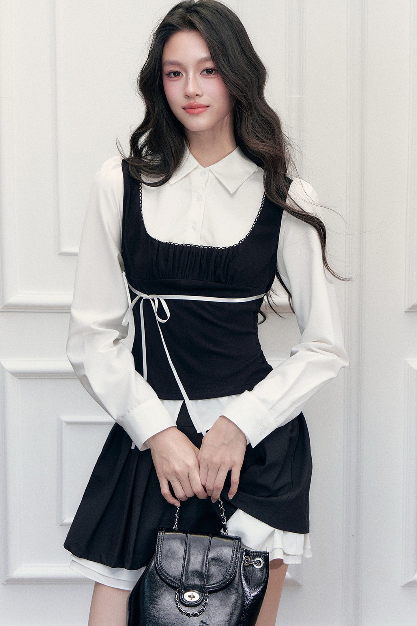 Retro Bow Layered-Look Top and Black Short Skirt Set-Up