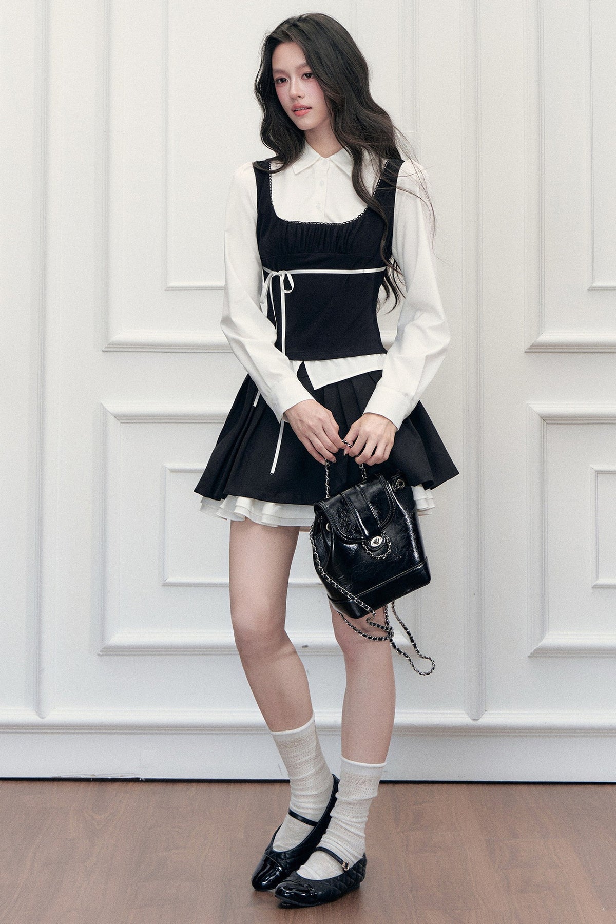 Retro Bow Layered-Look Top and Black Short Skirt Set-Up