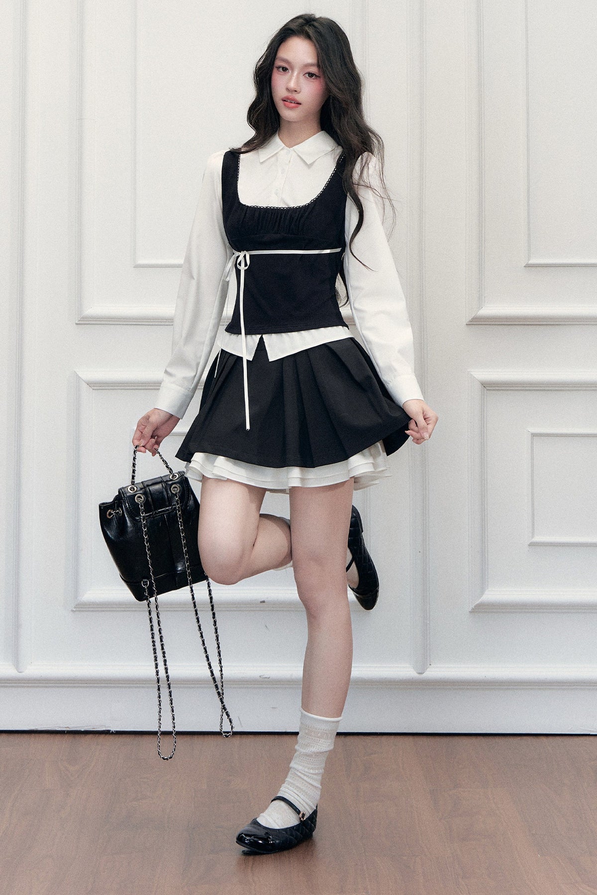 Retro Bow Layered-Look Top and Black Short Skirt Set-Up