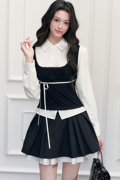 Retro Bow Layered-Look Top and Black Short Skirt Set-Up