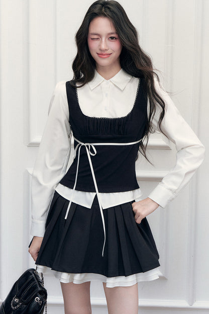 Retro Bow Layered-Look Top and Black Short Skirt Set-Up