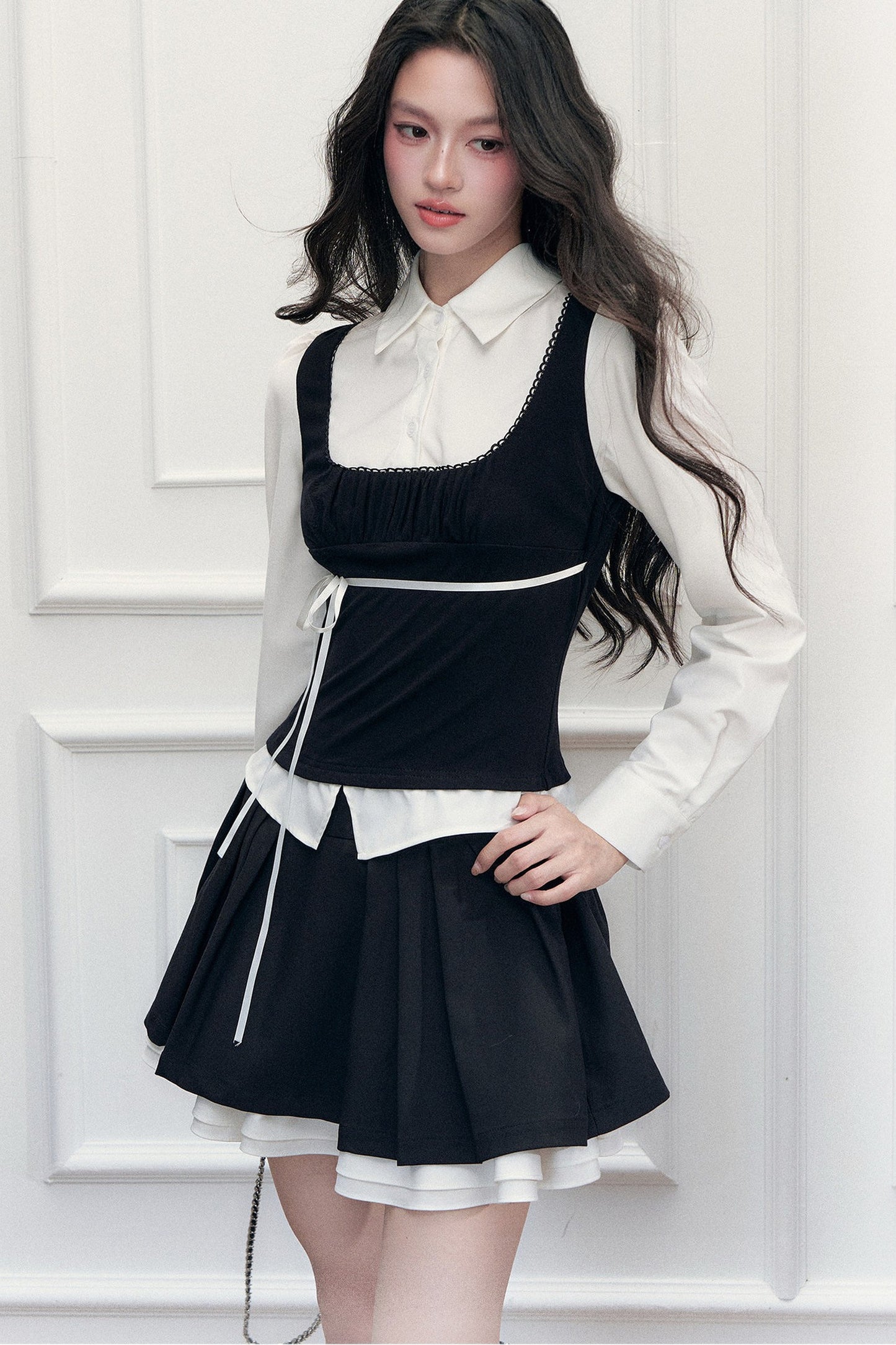 Retro Bow Layered-Look Top and Black Short Skirt Set-Up