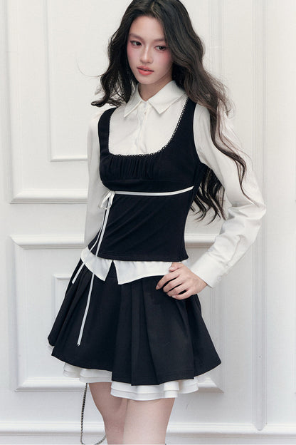 Retro Bow Layered-Look Top and Black Short Skirt Set-Up