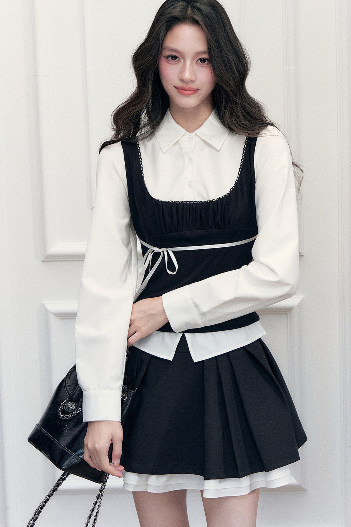 Retro Bow Layered-Look Top and Black Short Skirt Set-Up