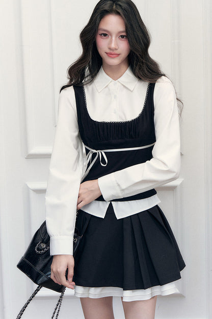 Retro Bow Layered-Look Top and Black Short Skirt Set-Up