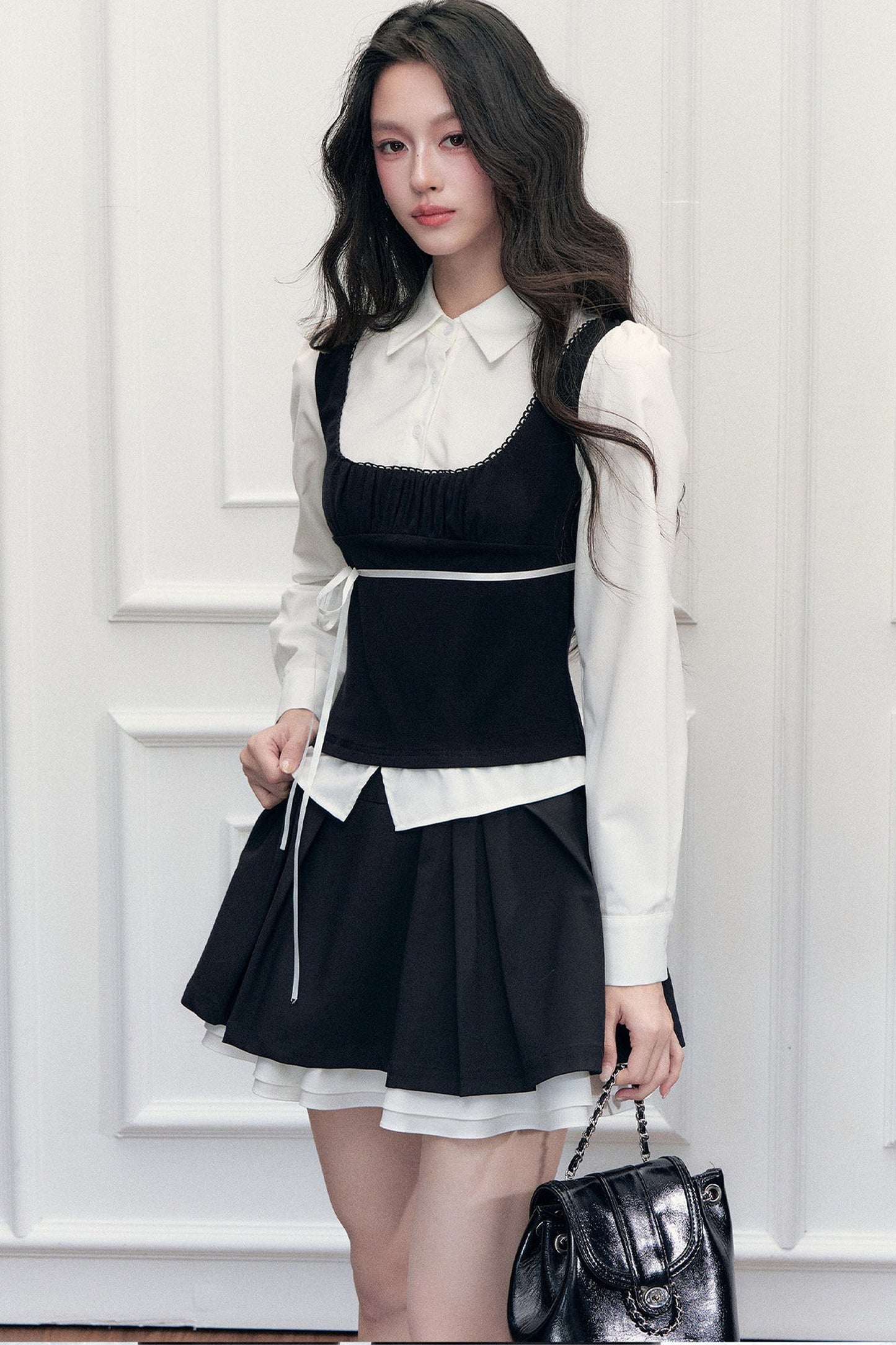 Retro Bow Layered-Look Top and Black Short Skirt Set-Up