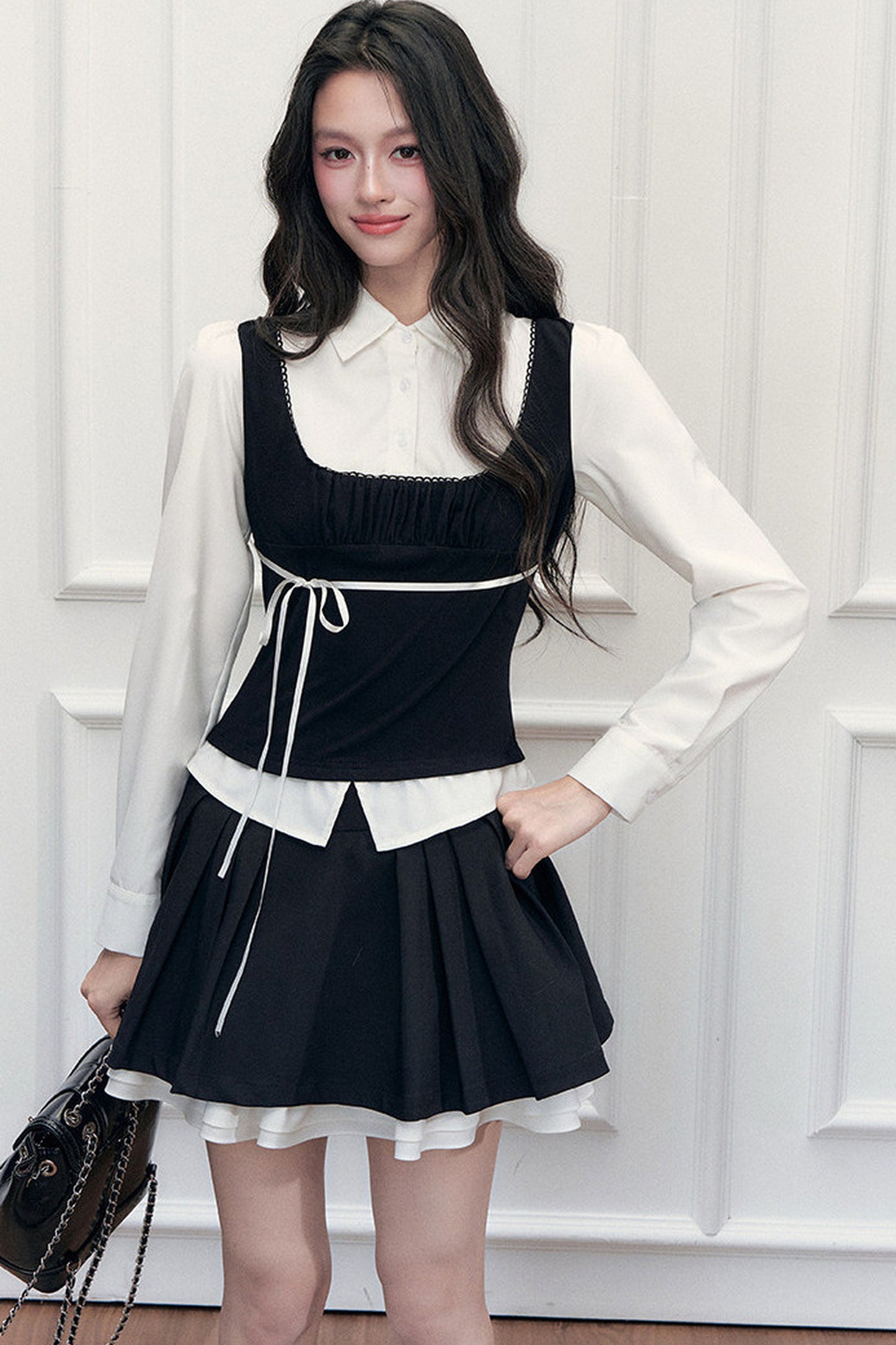 Retro Bow Layered-Look Top and Black Short Skirt Set-Up