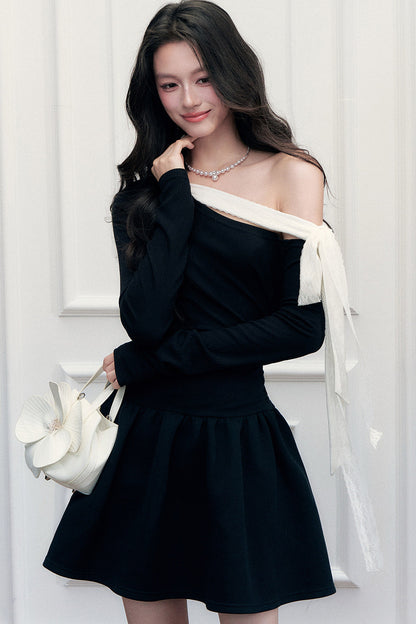Asymmetrical One-Shoulder Tie Strap Black Dress