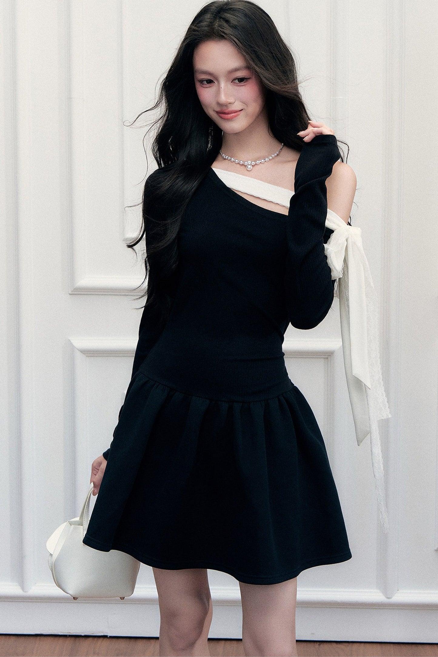 Asymmetrical One-Shoulder Tie Strap Black Dress