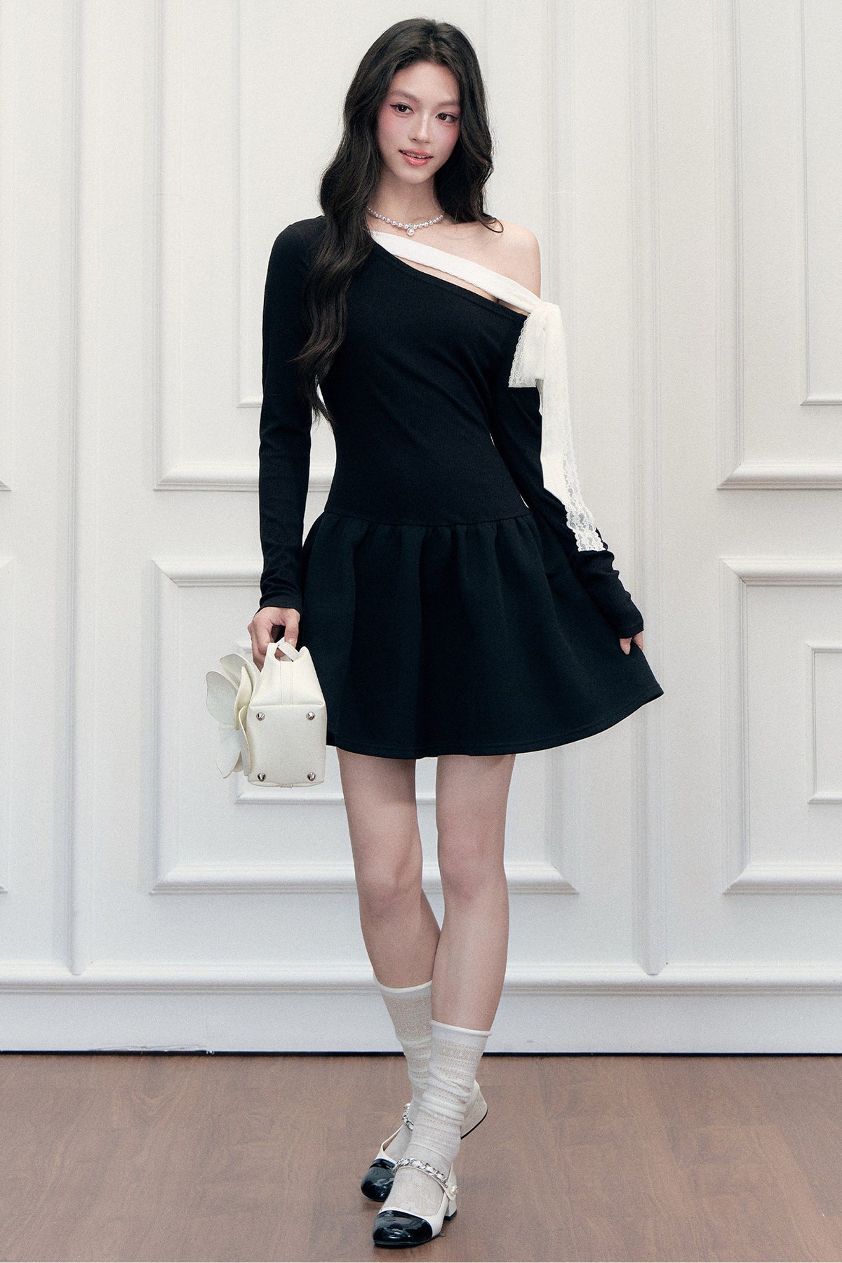 Asymmetrical One-Shoulder Tie Strap Black Dress