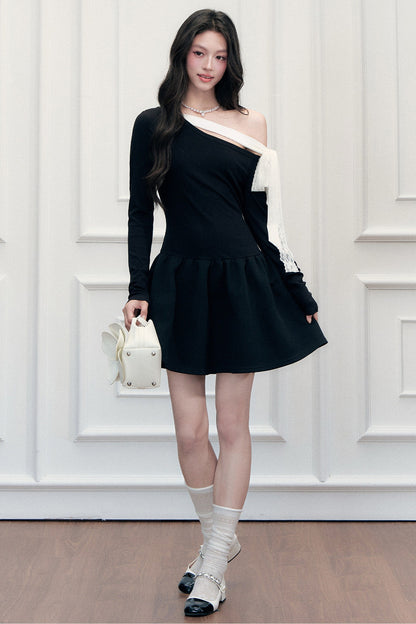 Asymmetrical One-Shoulder Tie Strap Black Dress