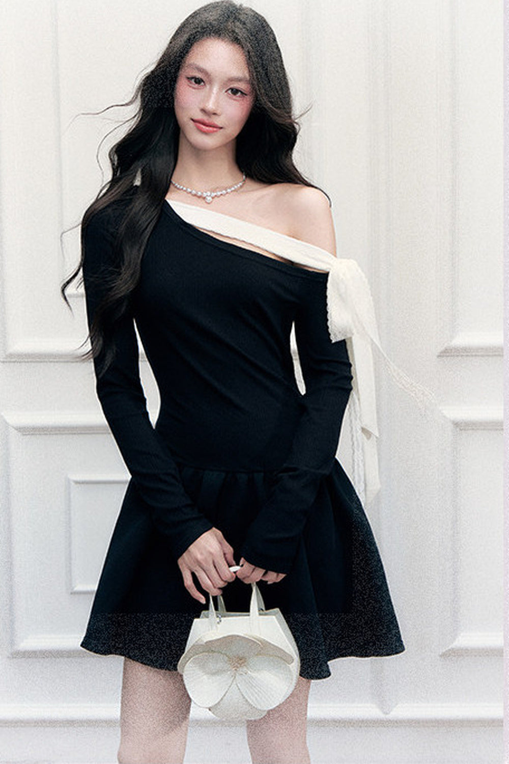 Asymmetrical One-Shoulder Tie Strap Black Dress
