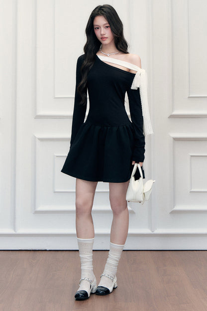 Asymmetrical One-Shoulder Tie Strap Black Dress