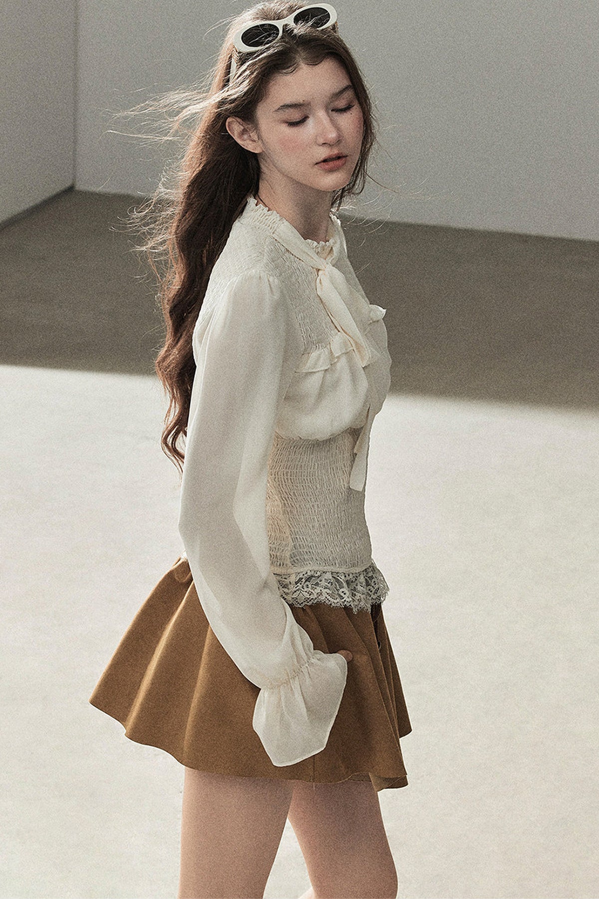 French Court Style Long-Sleeved Lace Chiffon Blouse