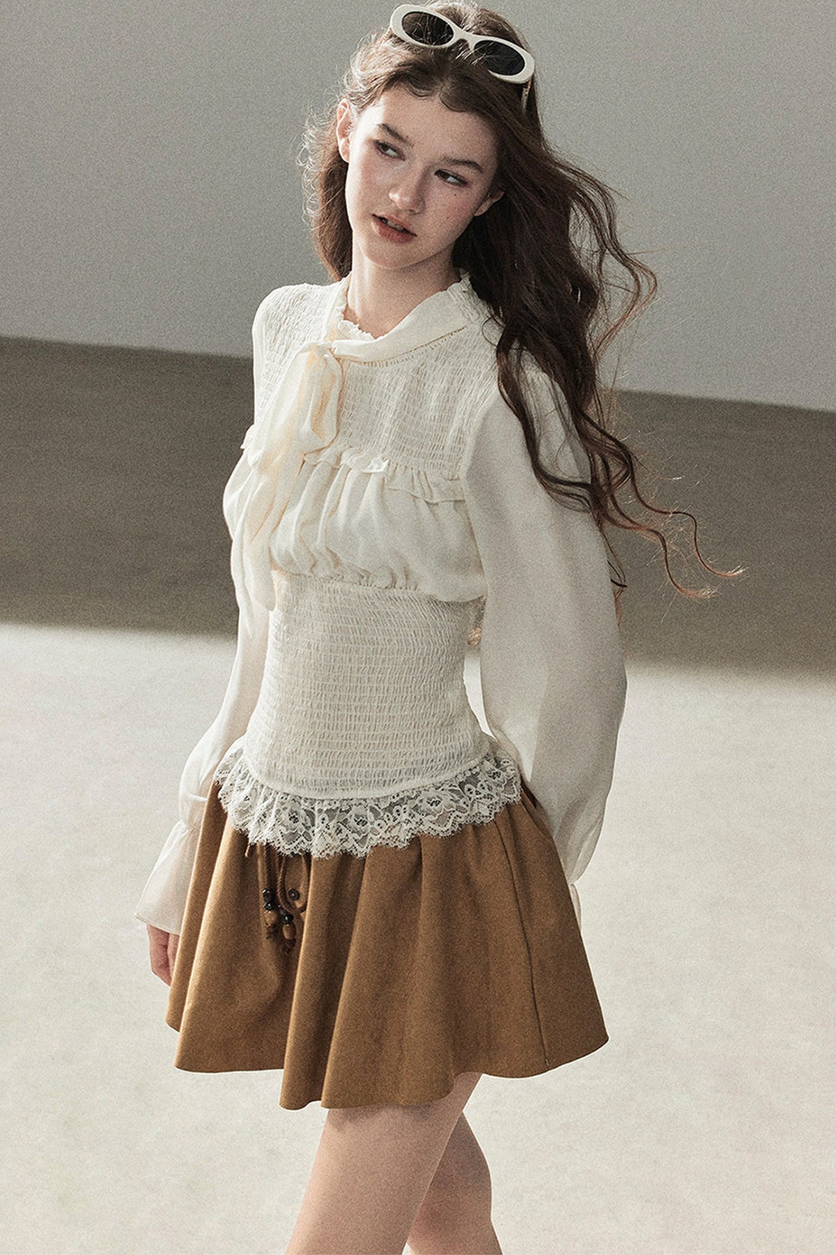 French Court Style Long-Sleeved Lace Chiffon Blouse