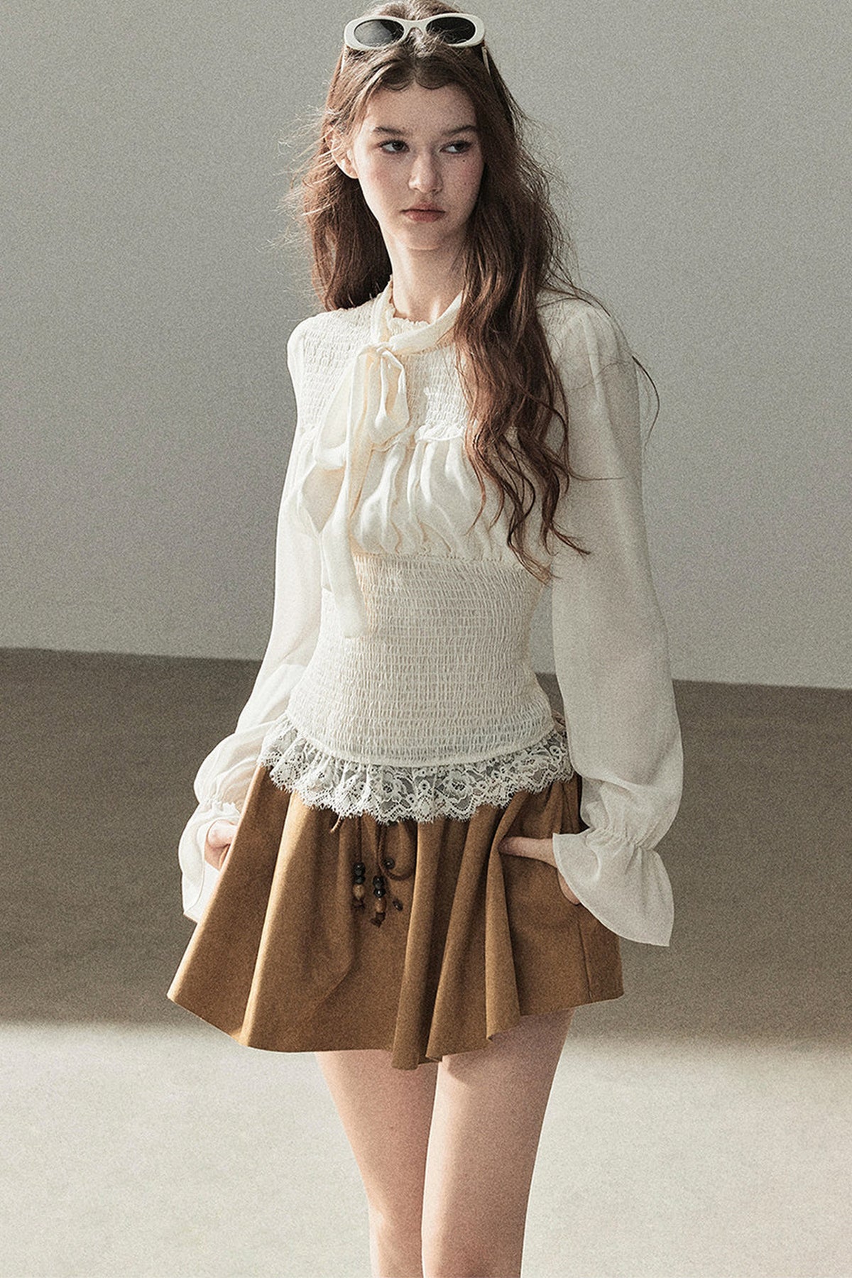 French Court Style Long-Sleeved Lace Chiffon Blouse