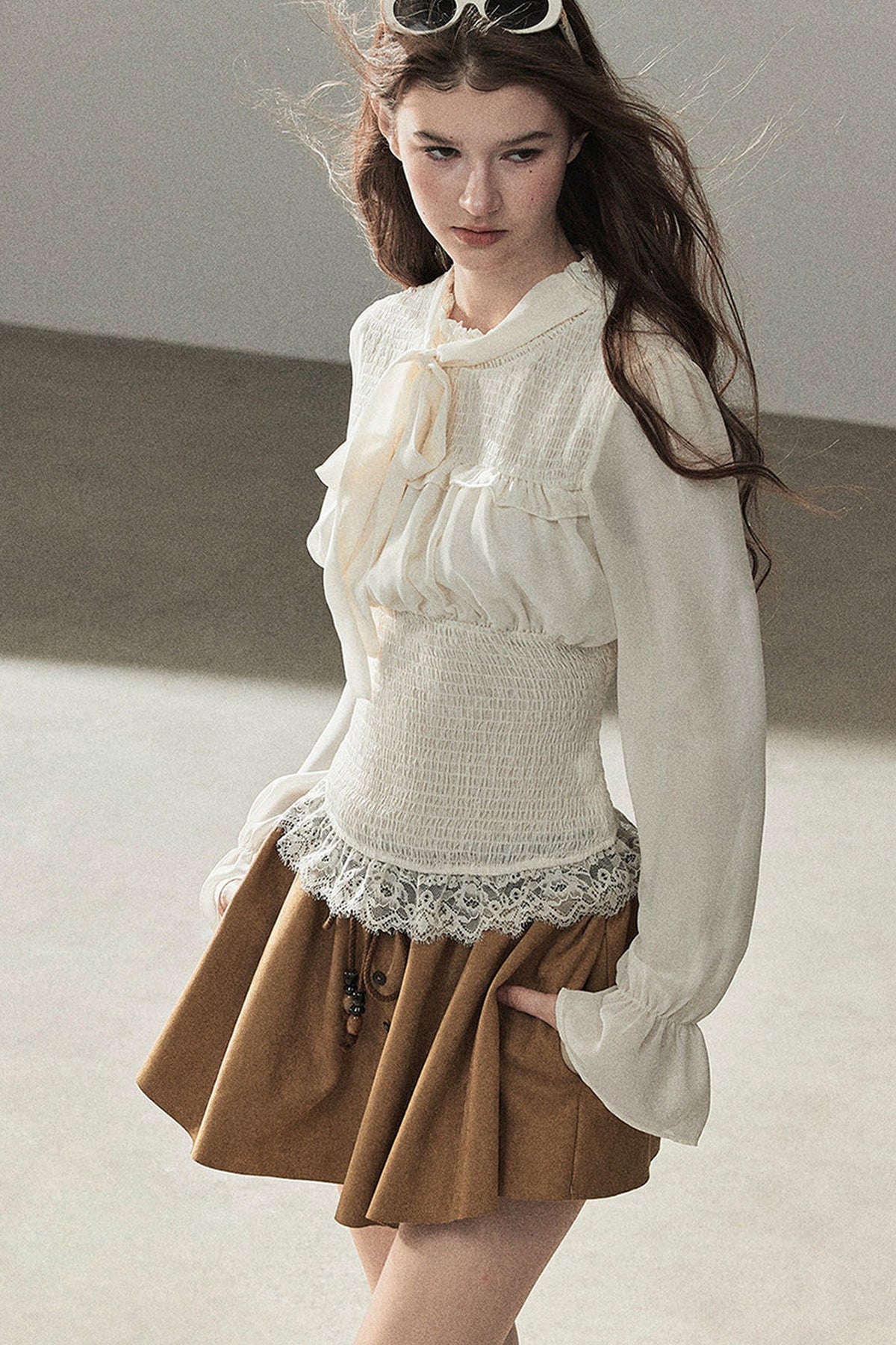 French Court Style Long-Sleeved Lace Chiffon Blouse