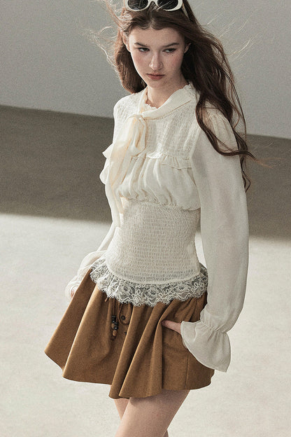 French Court Style Long-Sleeved Lace Chiffon Blouse