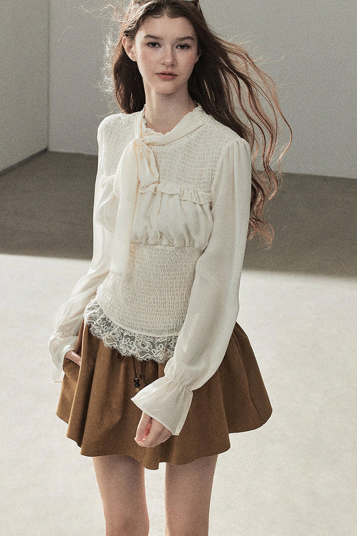 French Court Style Long-Sleeved Lace Chiffon Blouse