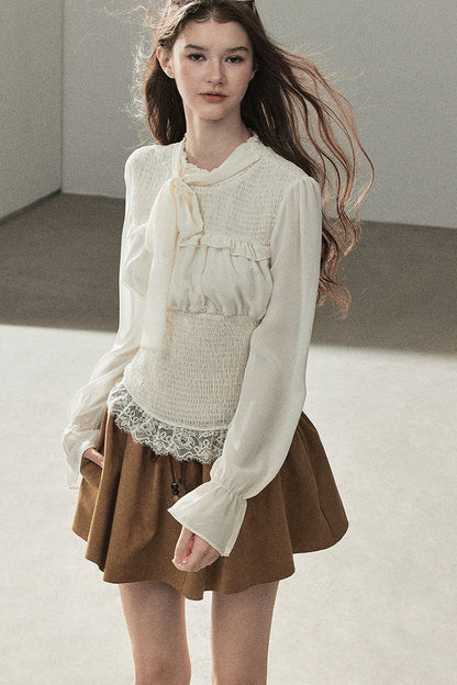 French Court Style Long-Sleeved Lace Chiffon Blouse