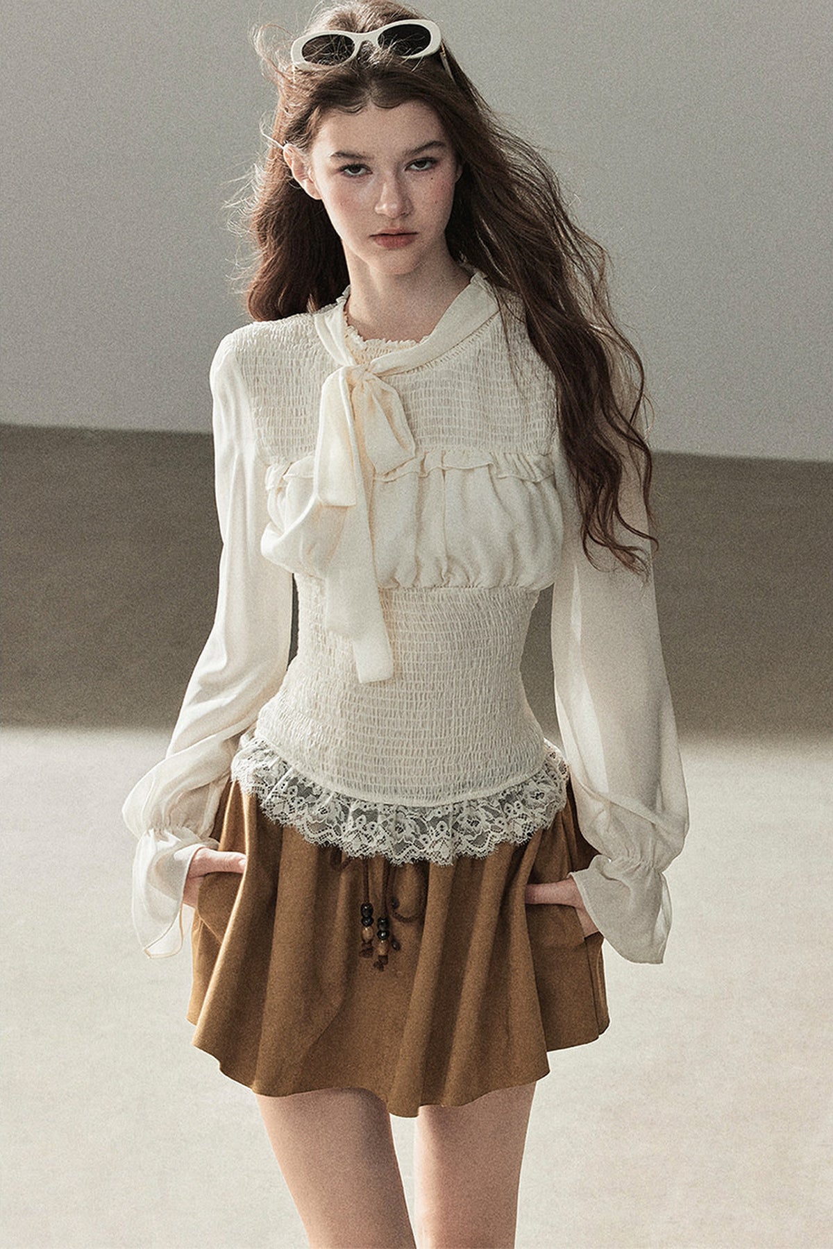 French Court Style Long-Sleeved Lace Chiffon Blouse