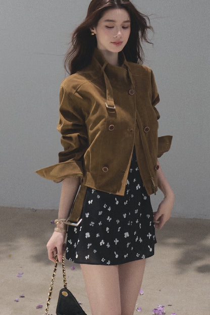 Short Suede Motorcycle Workwear Jacket