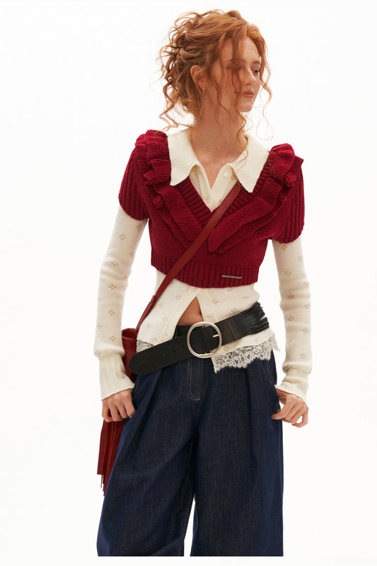 Cloud Soft Short-Sleeve Ruffled V-Neck Sweater