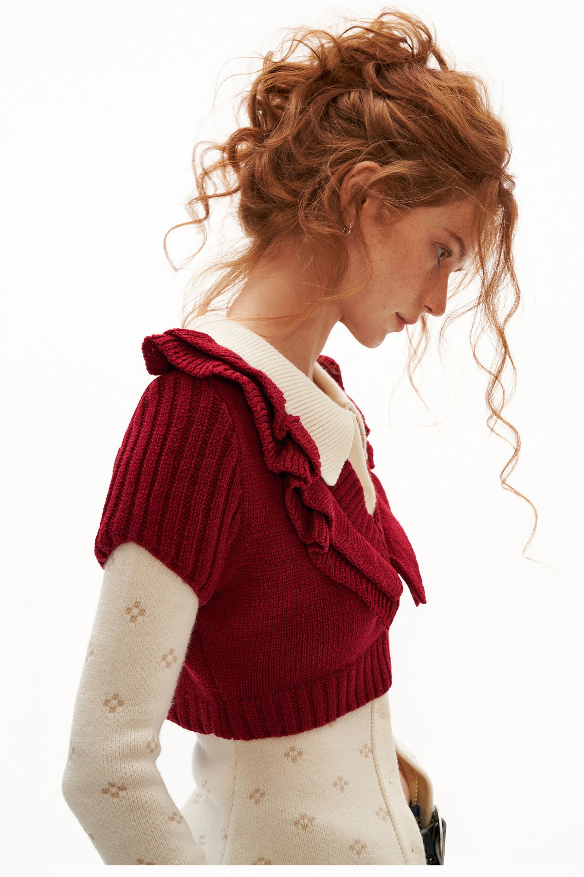 Cloud Soft Short-Sleeve Ruffled V-Neck Sweater
