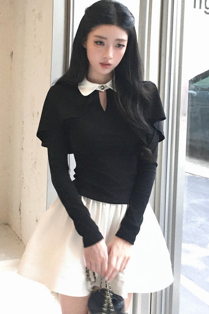 Collar Shirt and White A-Line Skirt Set-Up