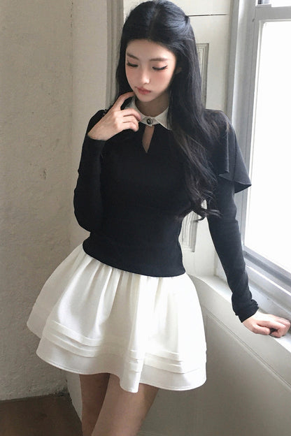 Collar Shirt and White A-Line Skirt Set-Up