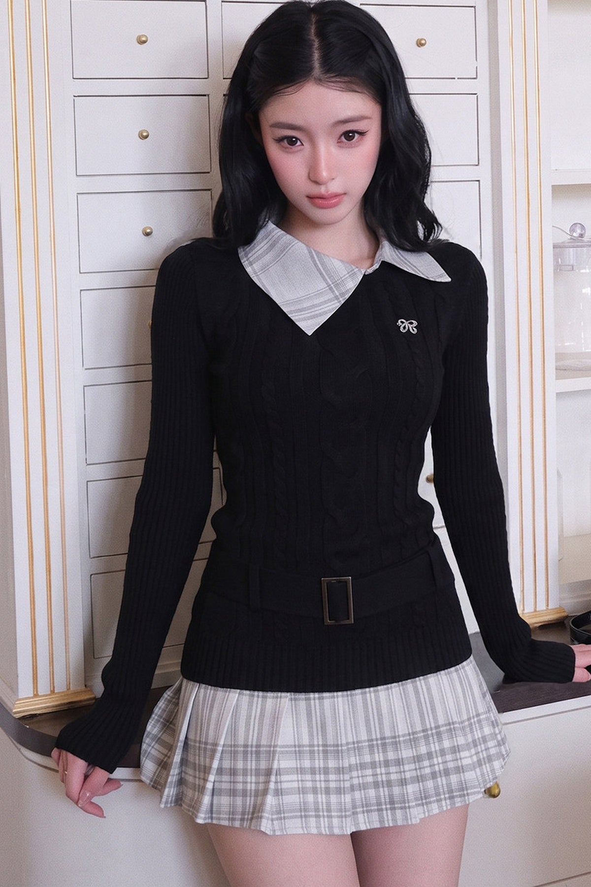 Collar Shirt and White A-Line Skirt Set-Up