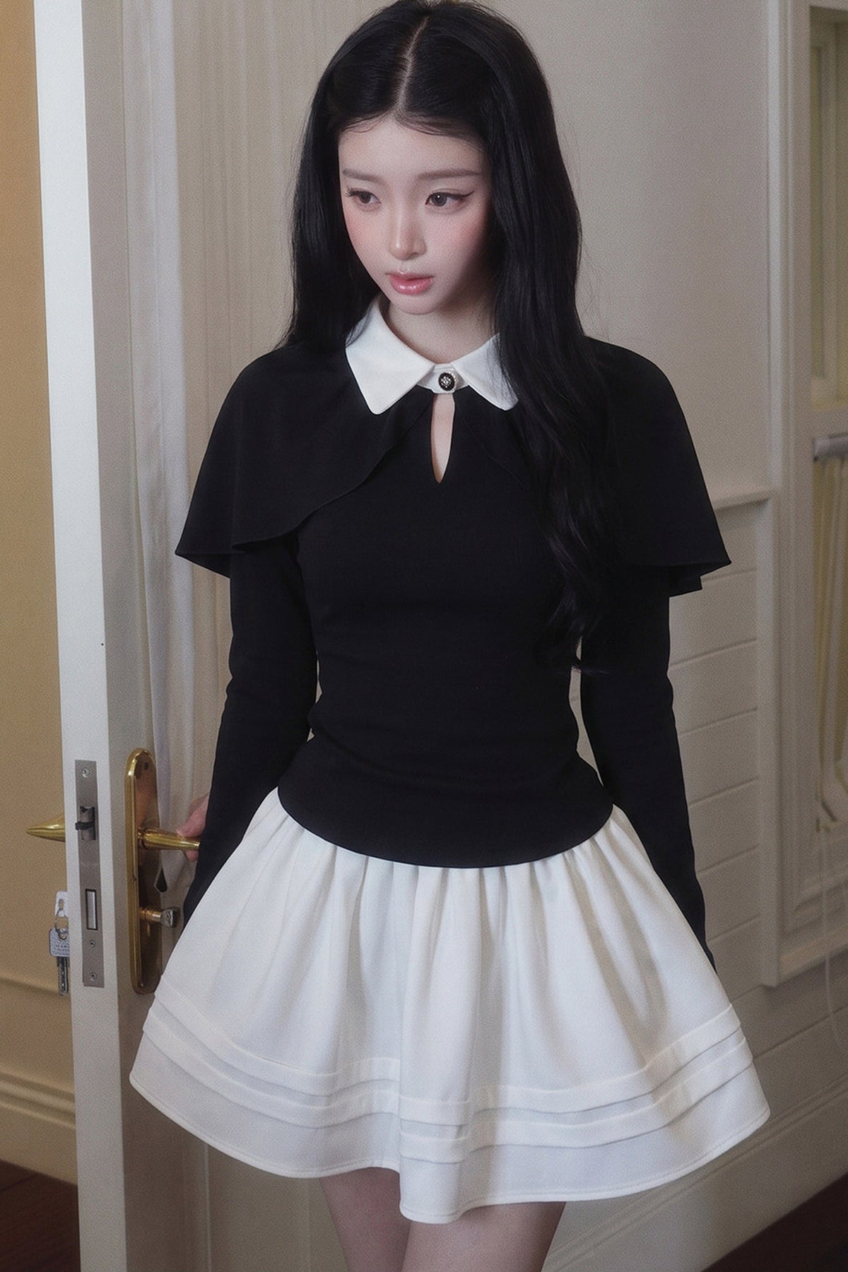 Collar Shirt and White A-Line Skirt Set-Up