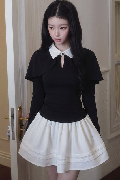Collar Shirt and White A-Line Skirt Set-Up