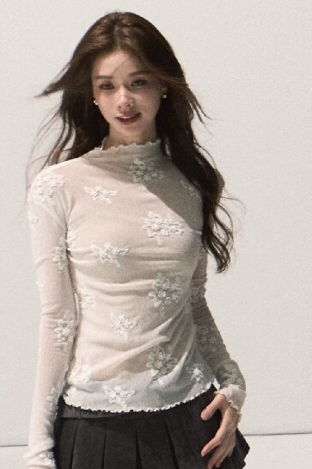 Textured Lace Jacquard Half-High Collar Top