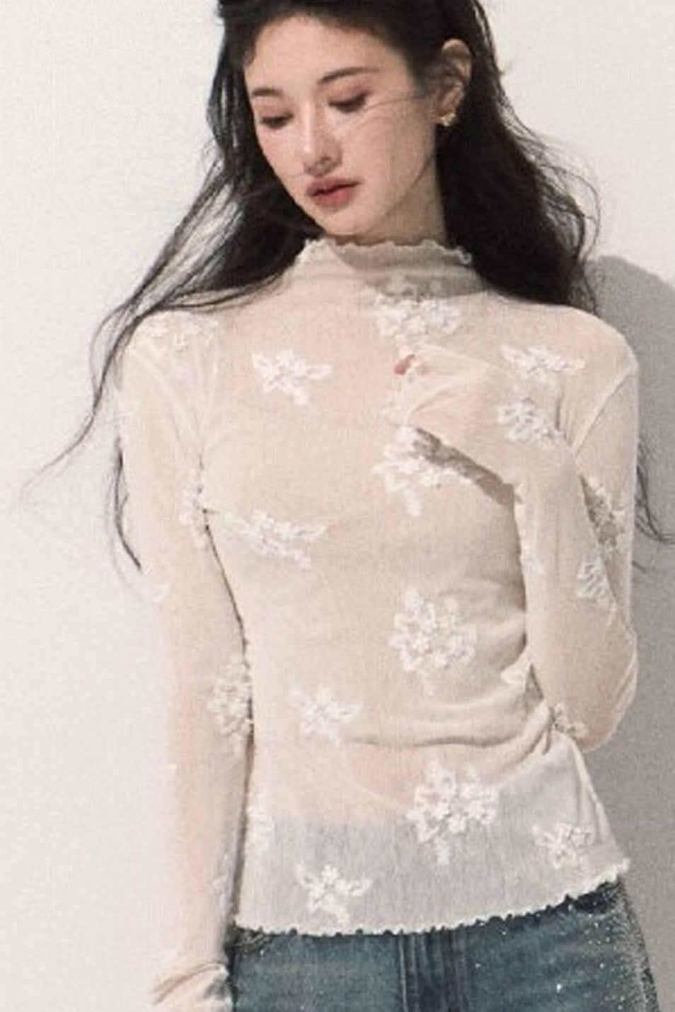 Textured Lace Jacquard Half-High Collar Top