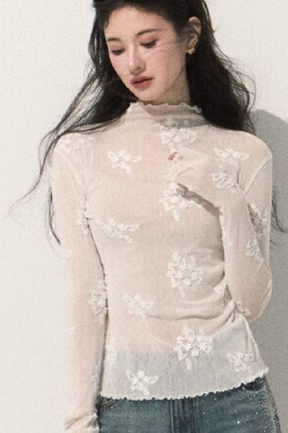 Textured Lace Jacquard Half-High Collar Top