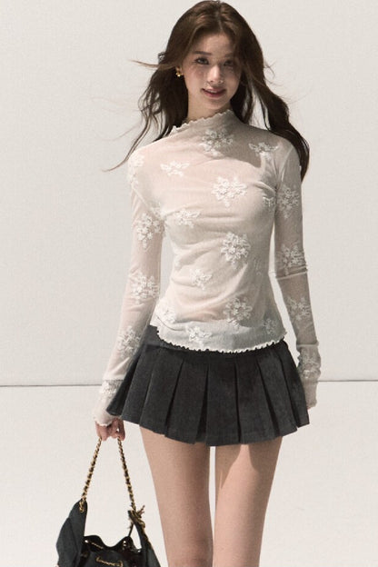 Textured Lace Jacquard Half-High Collar Top