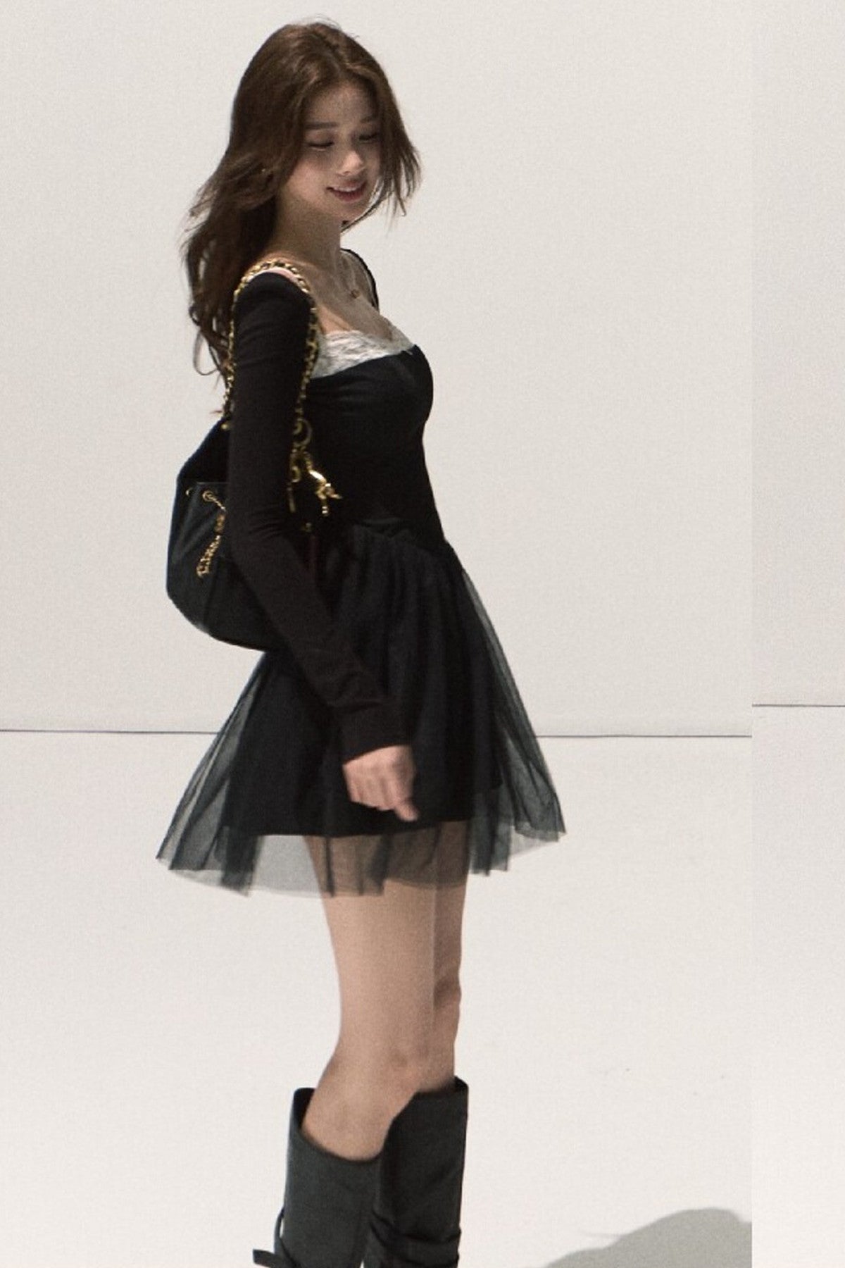 Lace-Trimmed Black Knit Dress