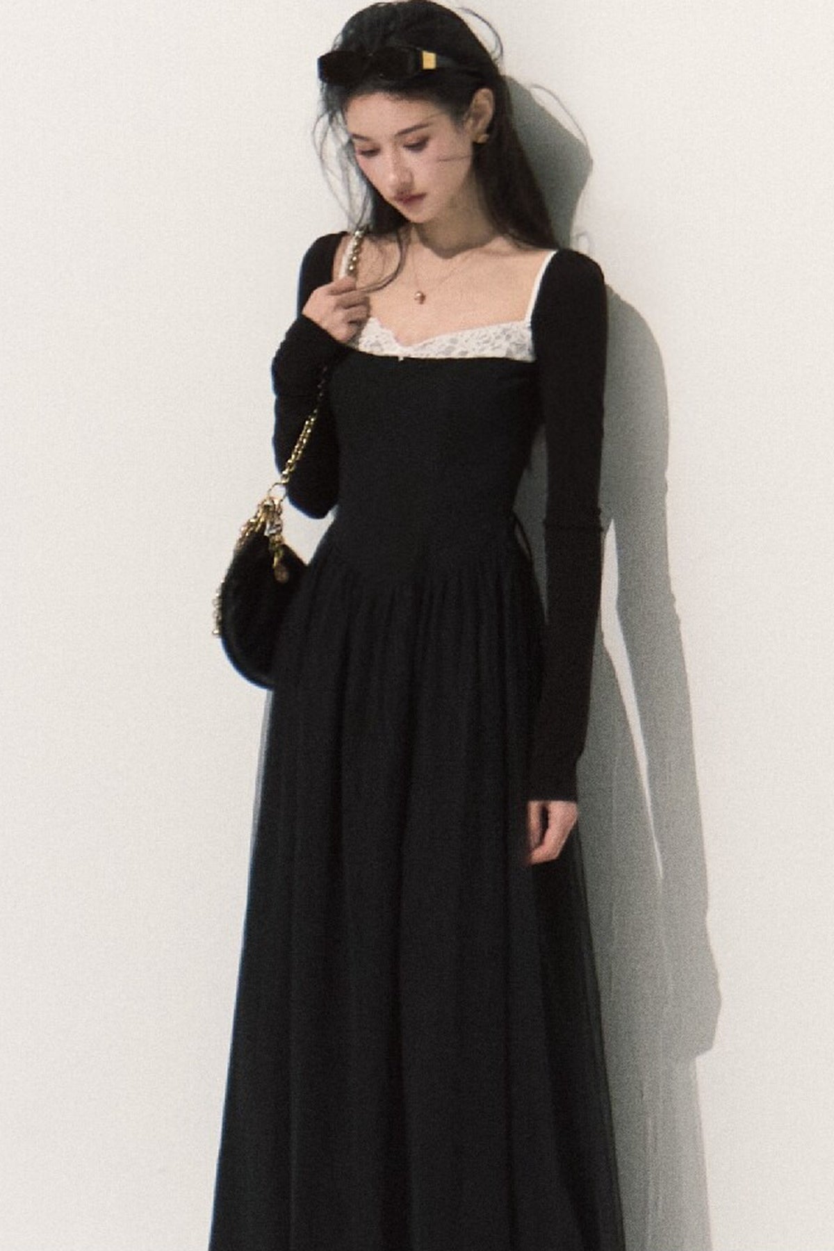 Lace-Trimmed Black Knit Dress