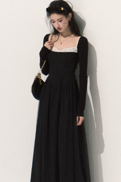 Lace-Trimmed Black Knit Dress