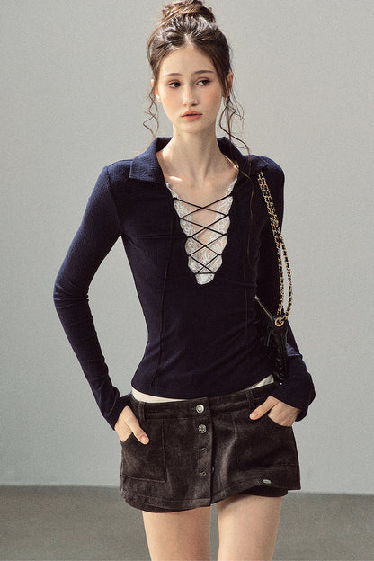 Lace Tie-Up Knit T-Shirt