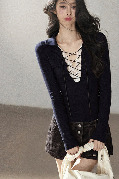 Lace Tie-Up Knit T-Shirt