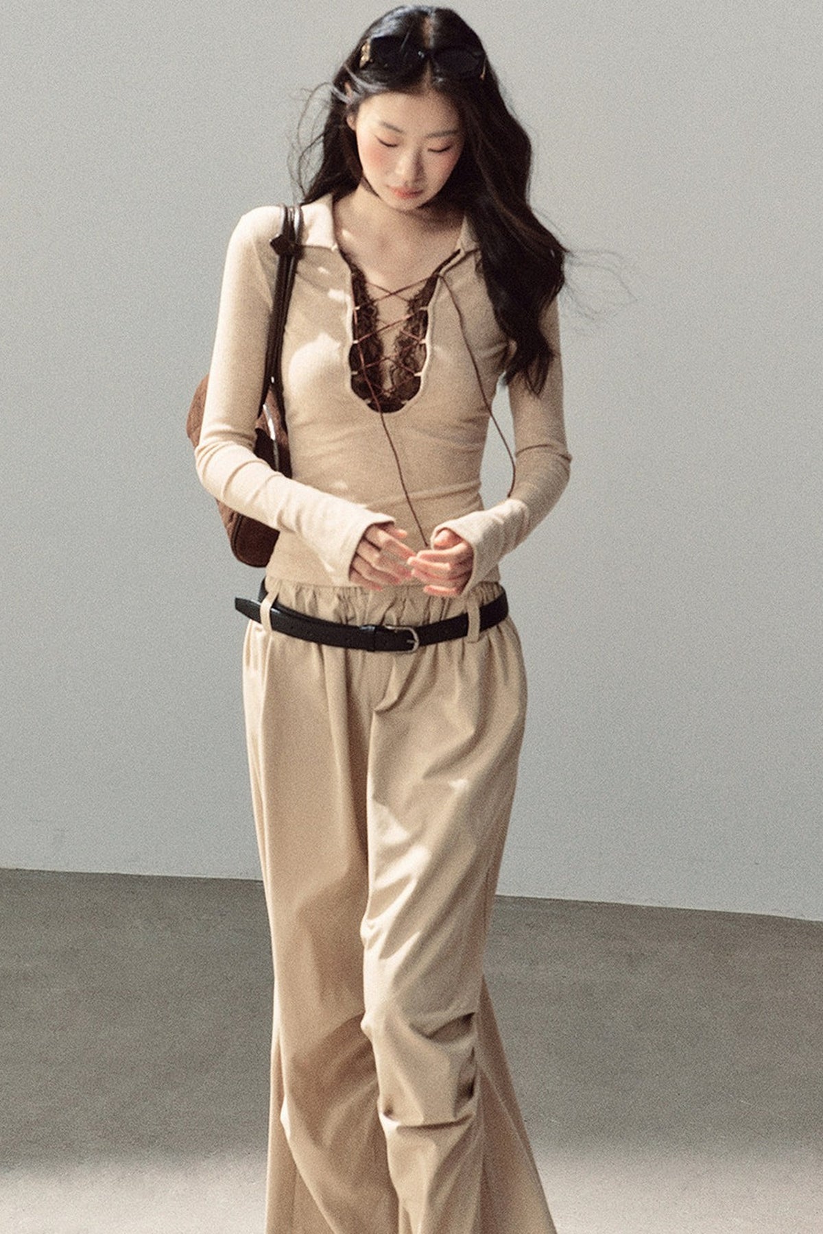 Lace Tie-Up Knit T-Shirt