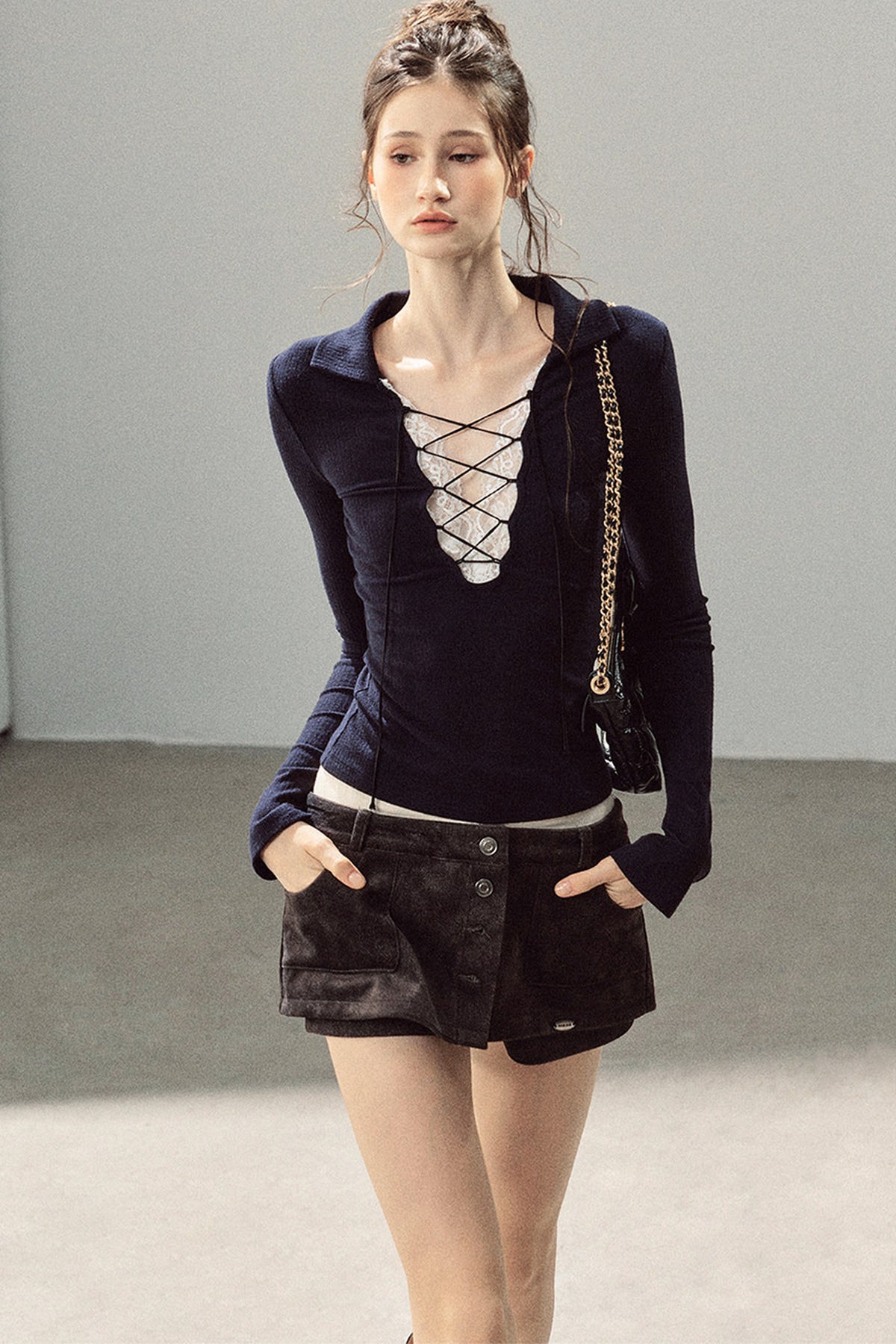 Lace Tie-Up Knit T-Shirt