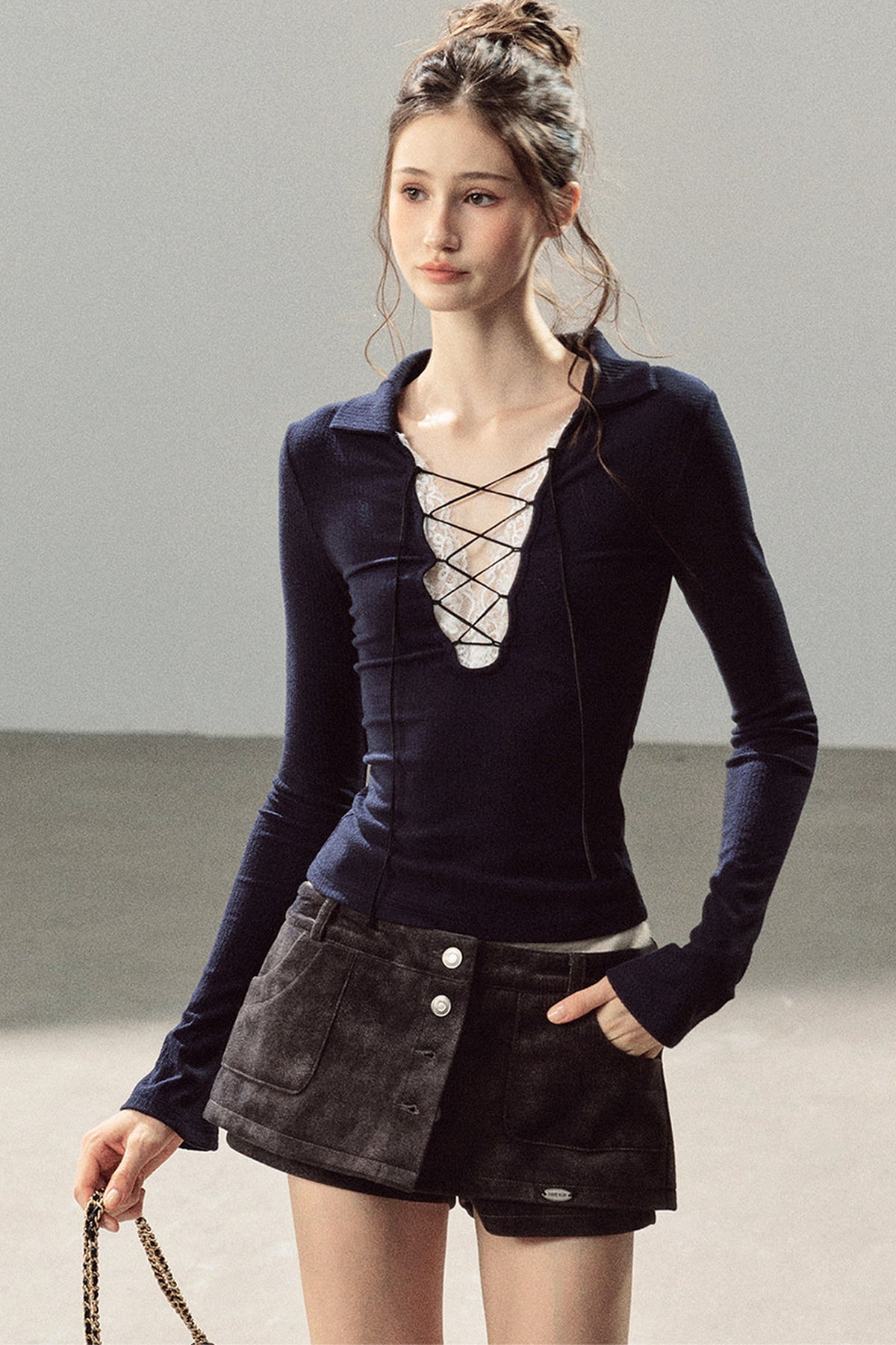 Lace Tie-Up Knit T-Shirt