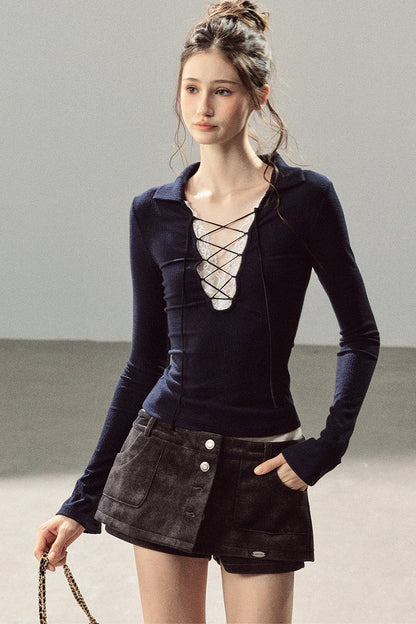 Lace Tie-Up Knit T-Shirt